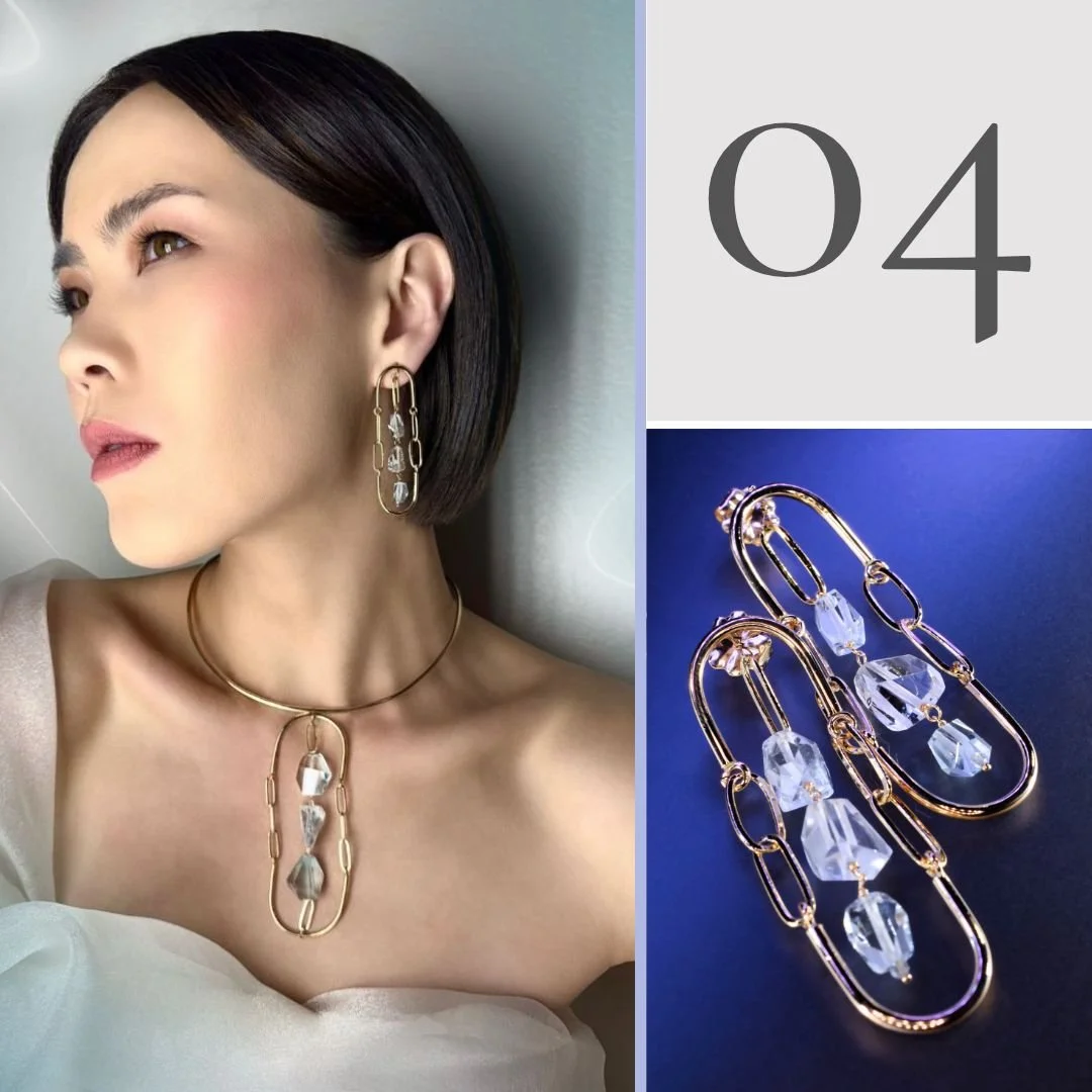 model wearing a pastel gemstone necklace and a product image of earrings