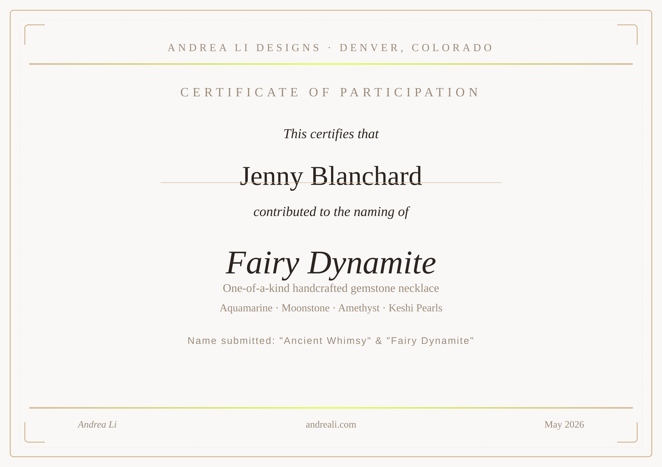 Certificate of participation naming Jenny Blanchard as contributor to the one-of-a-kind gemstone necklace “Fairy Dynamite.”