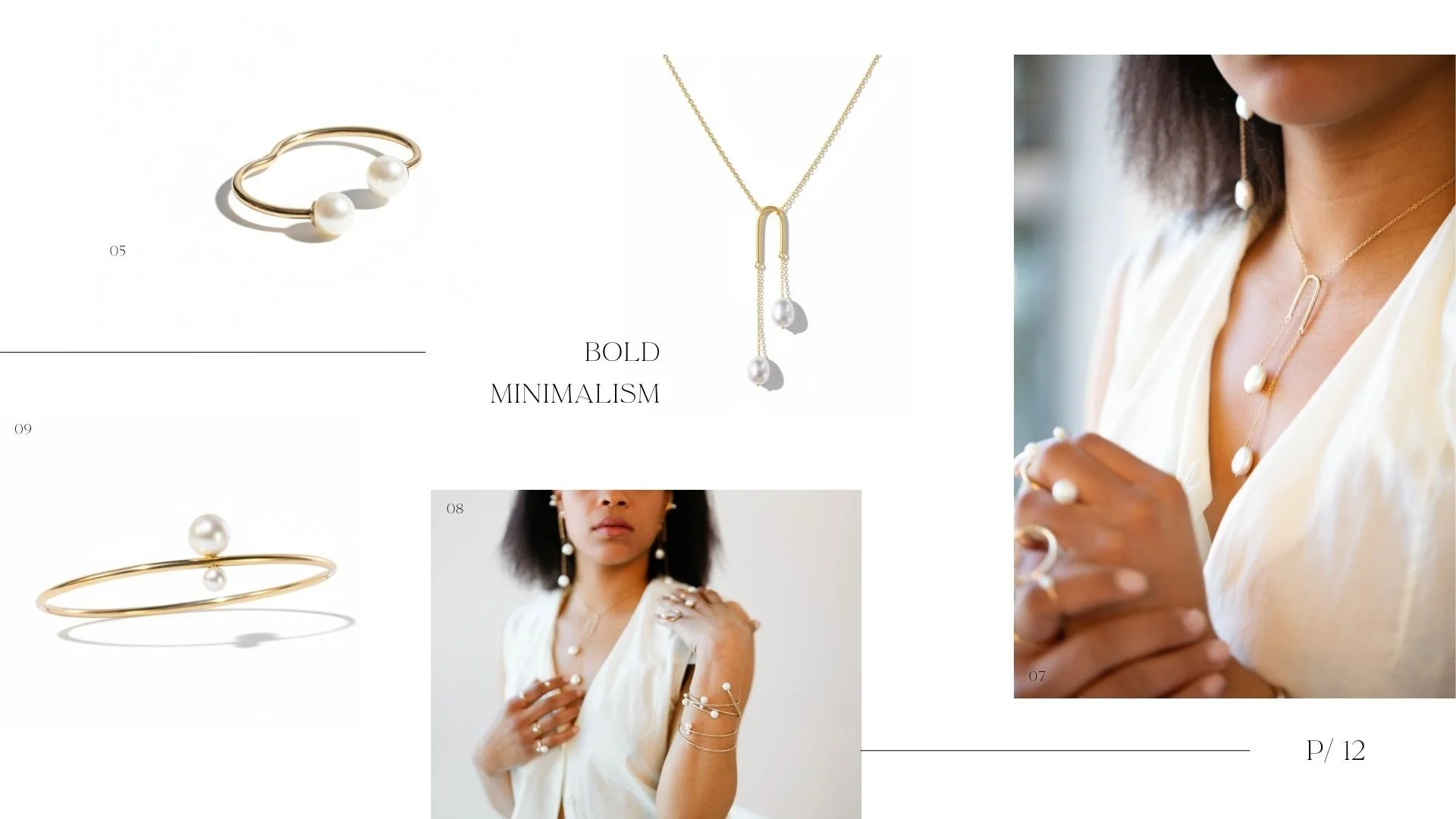 Aglow lookbook collage titled Bold Minimalism featuring sculptural gold and pearl jewelry, including a double-pearl open ear cuff, pearl bangle, long drop necklace, and a model wearing layered pearl pieces on a white background