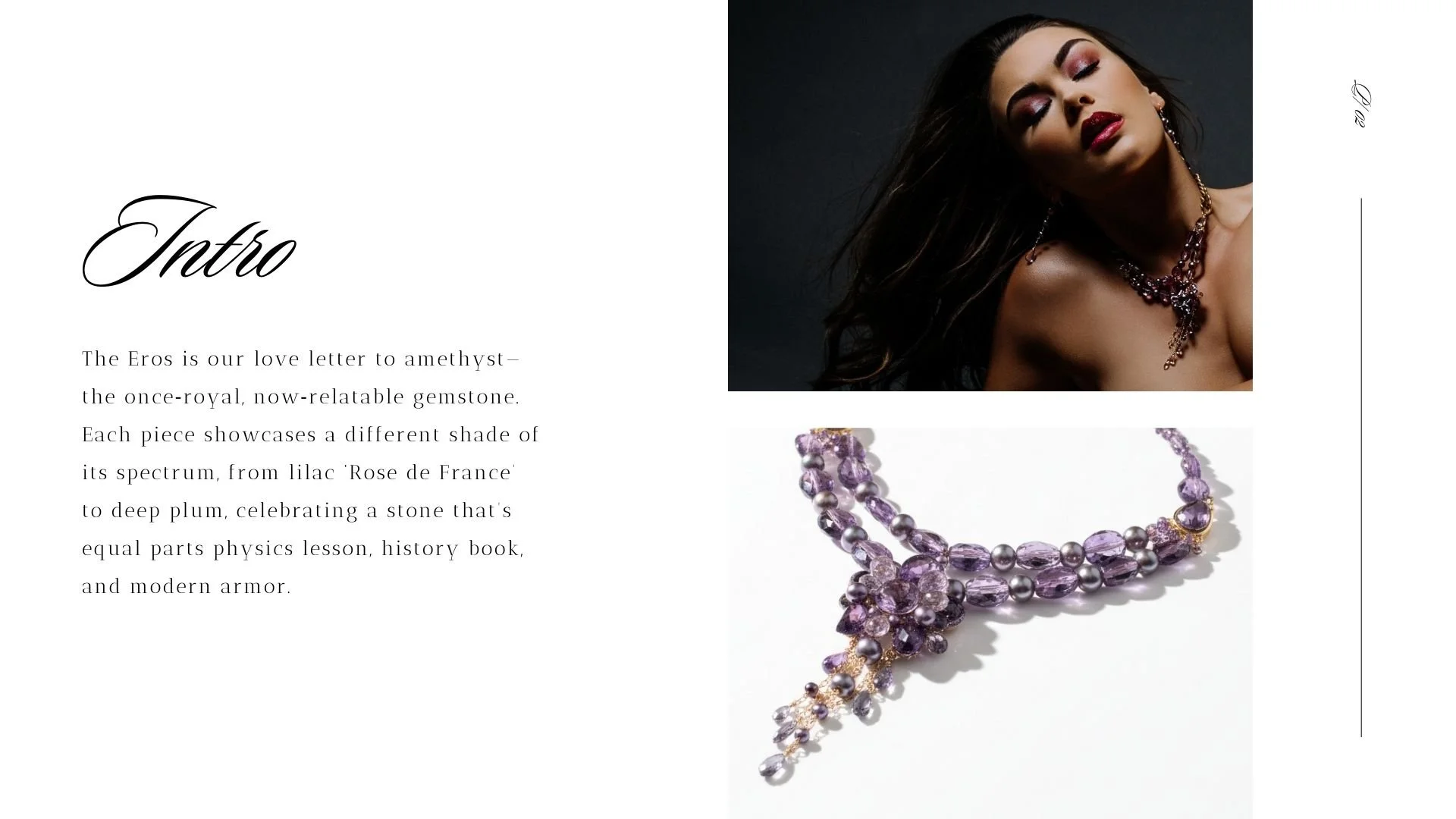 Intro page of the Eros amethyst lookbook featuring the word Intro, a short description about amethyst’s color spectrum, and photos of a model wearing amethyst jewelry and a purple gemstone statement necklace.