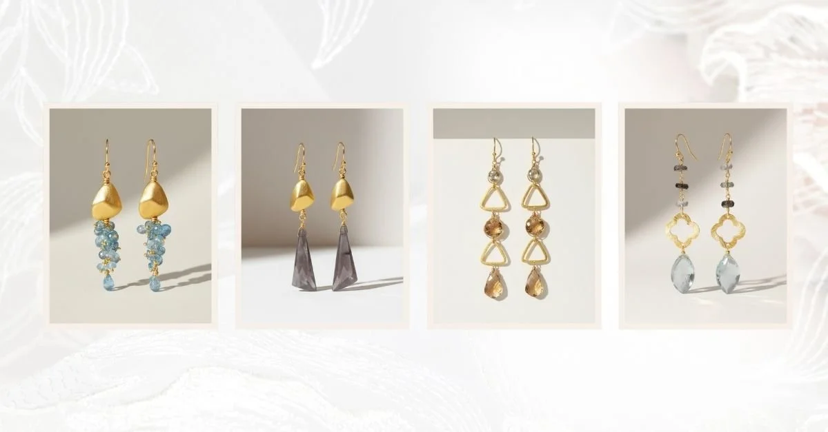 Four side-by-side product photos of custom bridal earrings in different designs, featuring gold settings with blue, gray, and champagne-toned beads and crystals, displayed against a soft neutral background.