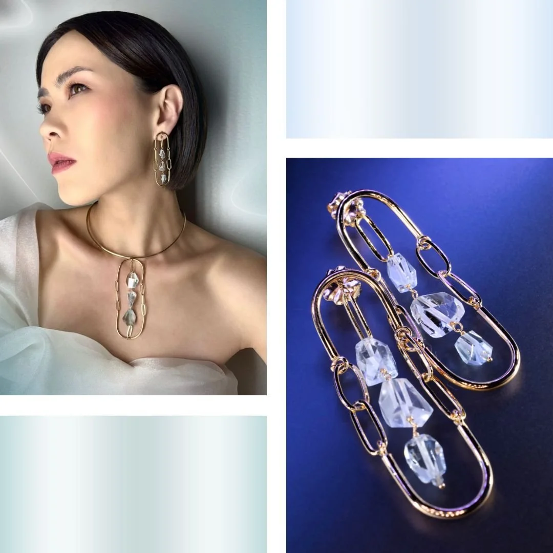 model wearing a pastel gemstone necklace and a product image of earrings