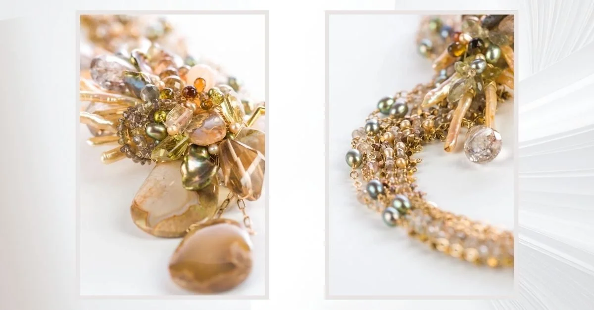 Side-by-side macro shots of a layered statement necklace with warm-toned gemstones, pearls, and chain fringe on a soft white background.