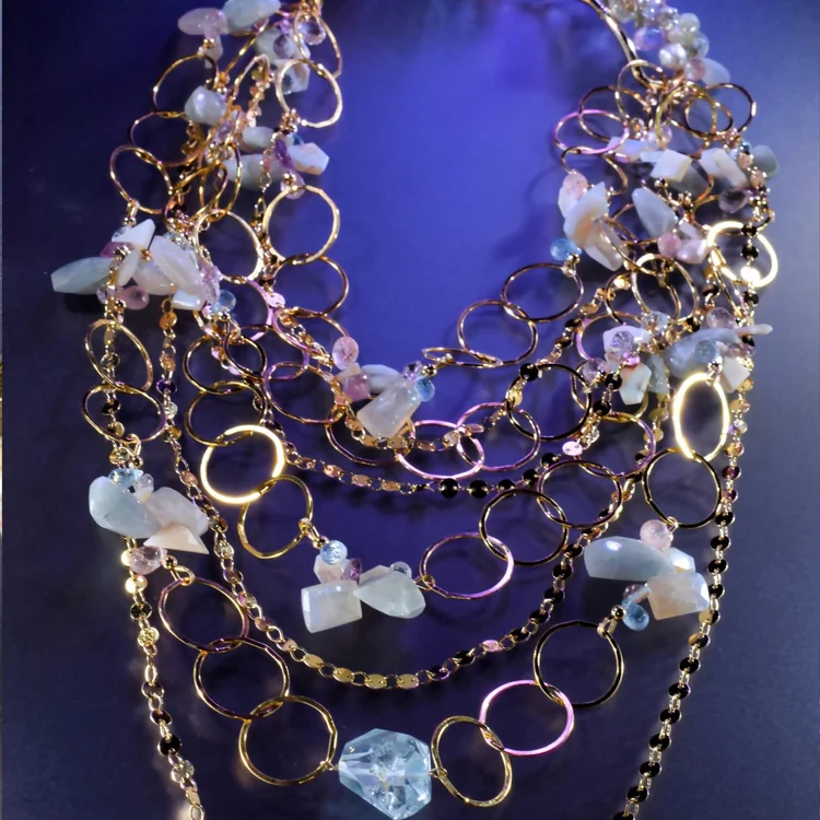 The Multi-Strand Necklace: layered gold chains and rings hung with pale pastel gemstones, on a blue backdrop