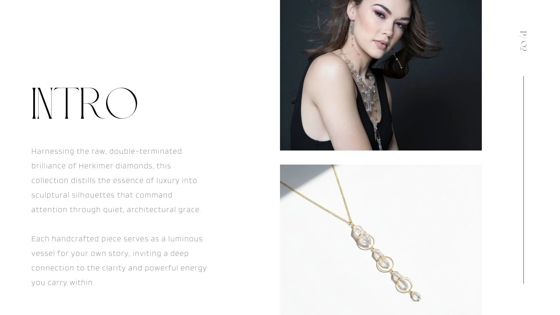 Lookbook intro page with the heading “INTRO,” a short paragraph about Herkimer diamonds, and two images: a model wearing layered crystal jewelry and a gold necklace with Herkimer diamond drops on a white background.