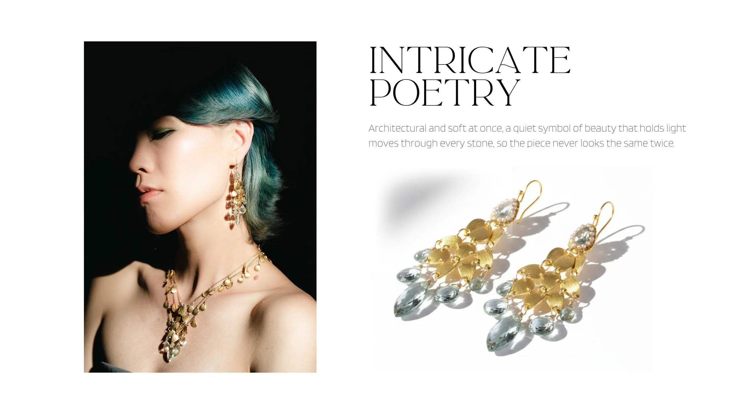 Editorial spread featuring a model in statement jewelry and matching earring product shots on a clean minimalist layout.