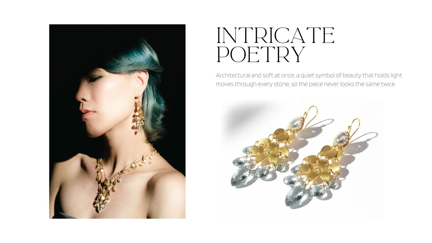 Editorial spread featuring a model in statement jewelry and matching earring product shots on a clean minimalist layout.