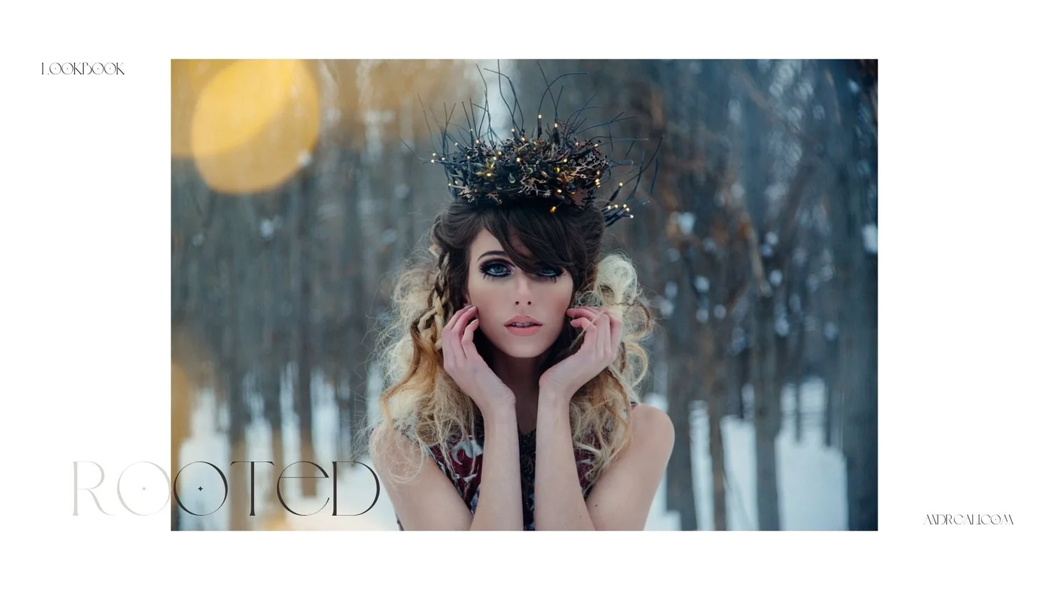 Editorial-style lookbook cover featuring a model in a snowy forest wearing an elaborate branch-like crown, with the word “ROOTED” in large text over a moody winter portrait.