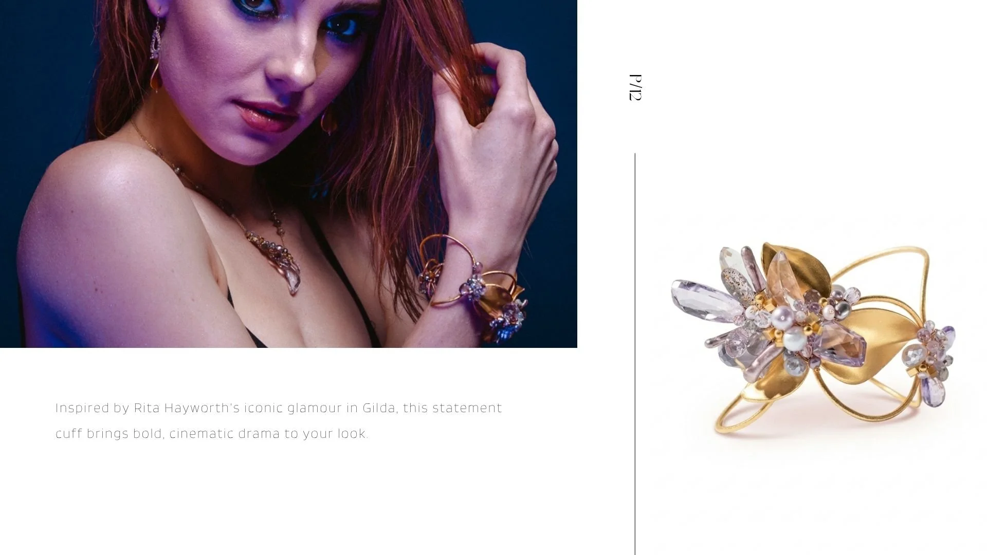 Lookbook page inspired by Gilda, featuring a moody portrait of a woman wearing a floral gemstone cuff bracelet and delicate necklace, alongside a product photo of the same gold cuff with blush, lavender, and clear gemstone details.