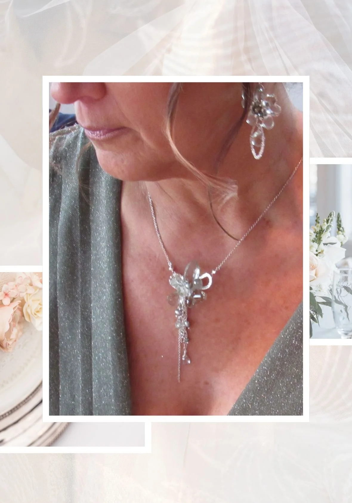 Close-up of a woman in a silver gown wearing crystal drop earrings and a matching pendant necklace, framed by soft wedding details.