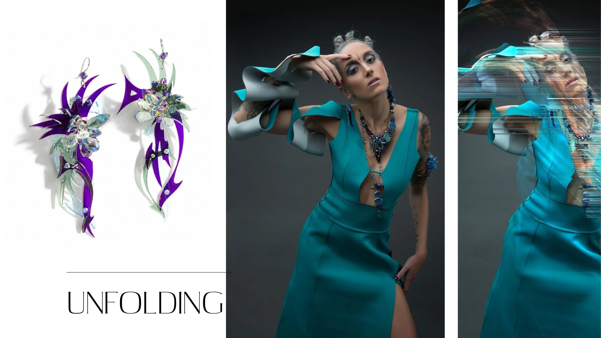 Unfolding fashion spread featuring a tattooed model in a teal sculptural gown with layered blue jewelry and purple plexiglass earrings.