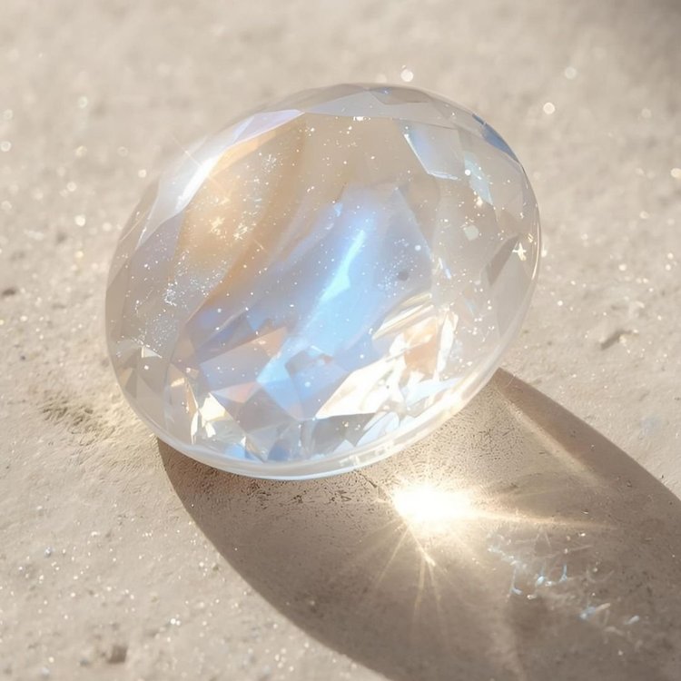Moonstone Gemstone on a neutral background sparkling in the sunlight