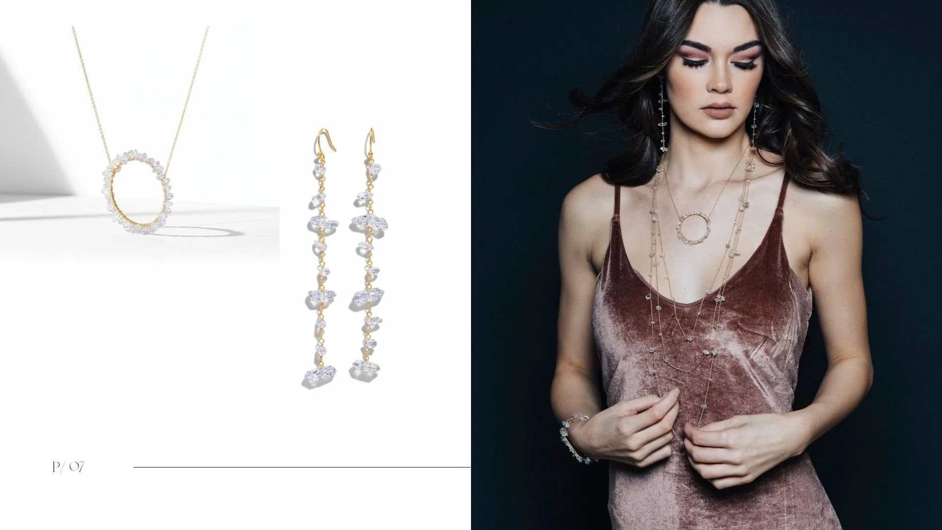 Lookbook page (P/07) featuring product photos of a gold Herkimer diamond circle pendant necklace and Herkimer diamond drop earrings, alongside a model wearing layered Herkimer diamond necklaces on a dark background.