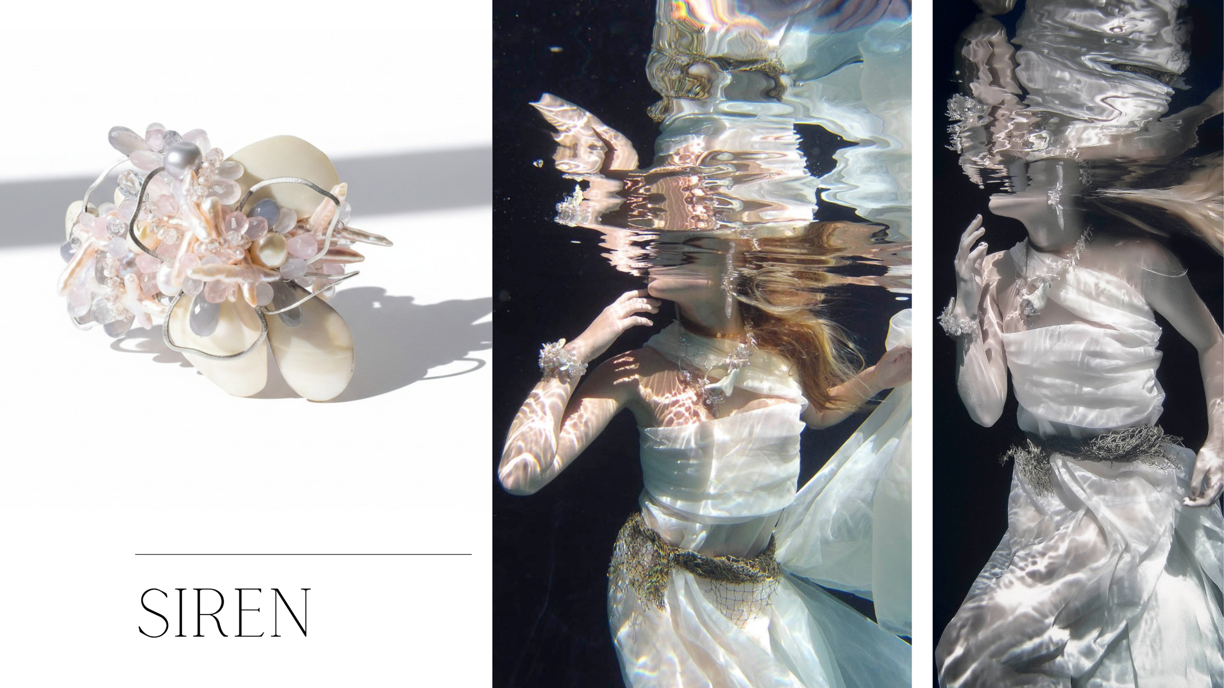 A shell and gemstone cuff by Andrea Li beside underwater mermaid portraits
