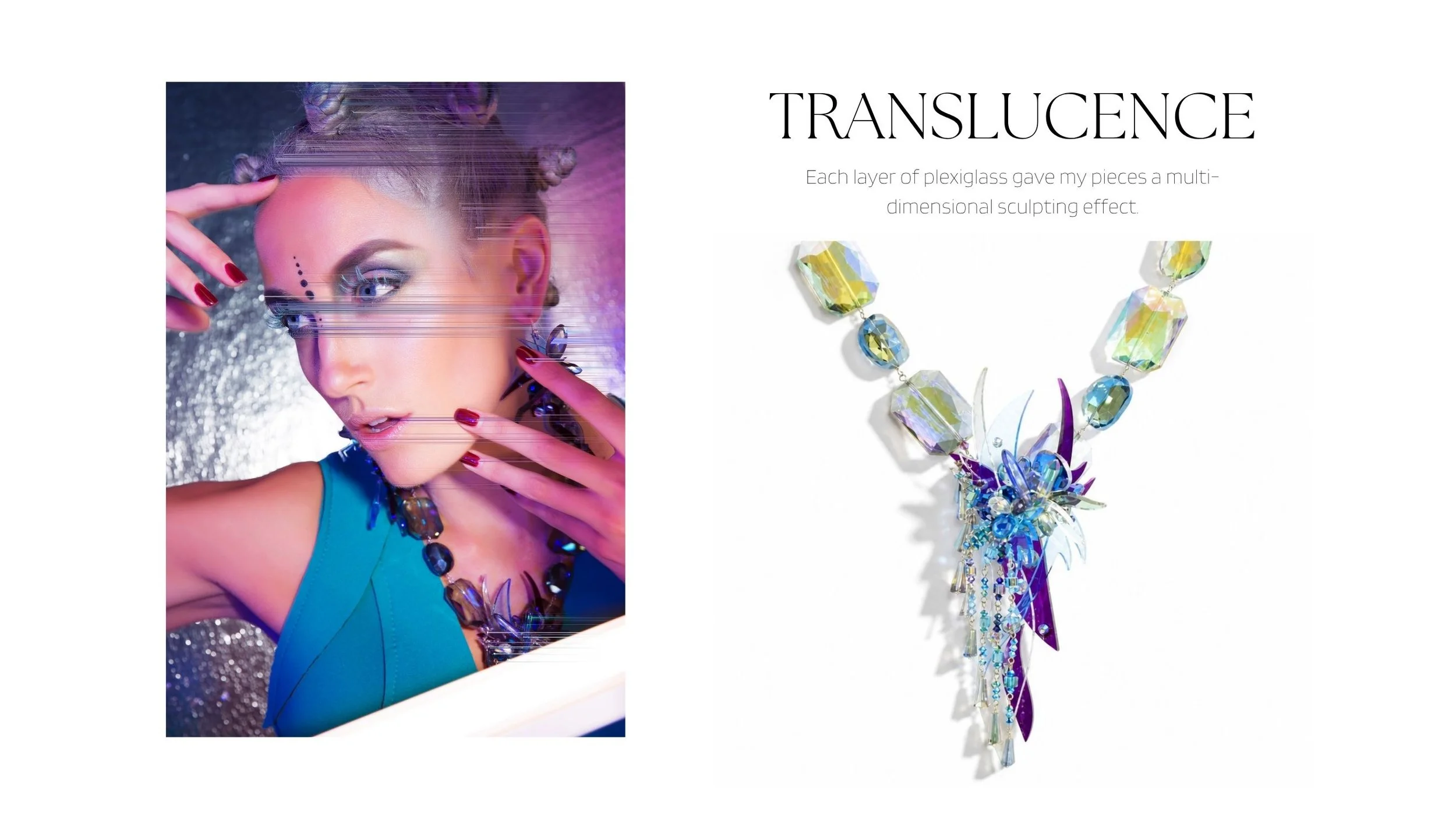 Translucence lookbook spread featuring a model in teal beside a layered blue, purple, and crystal plexiglass statement necklace.