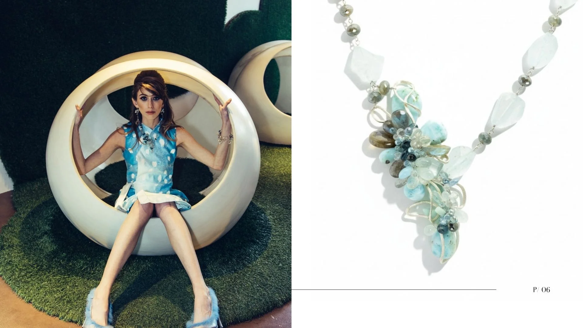 Retro editorial spread with a model in a pale blue mini dress beside a close-up of a silver and pearl statement necklace.