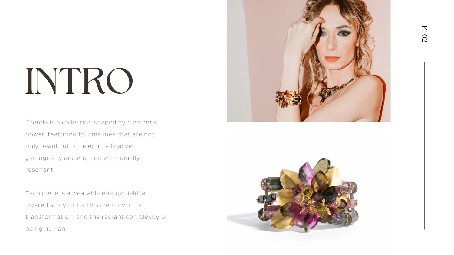 Orenda lookbook intro page with “INTRO” text and collection description, a model wearing bold gemstone jewelry, and a product photo of a colorful tourmaline statement cuff/bracelet on a white background.