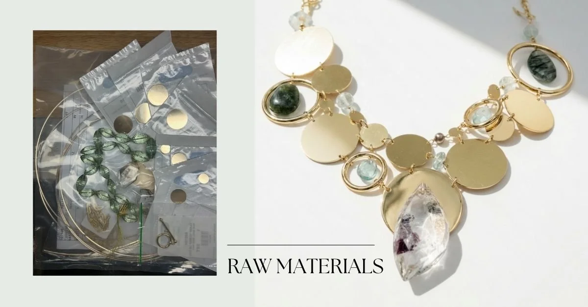 Collage of raw jewelry materials in bags beside a finished gold necklace with gemstones, labeled “Raw Materials” on a soft background.