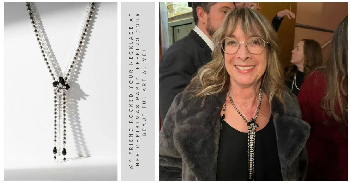 Split image of a black-and-silver tassel necklace and a smiling woman wearing it at a party, with vertical quote text between them.