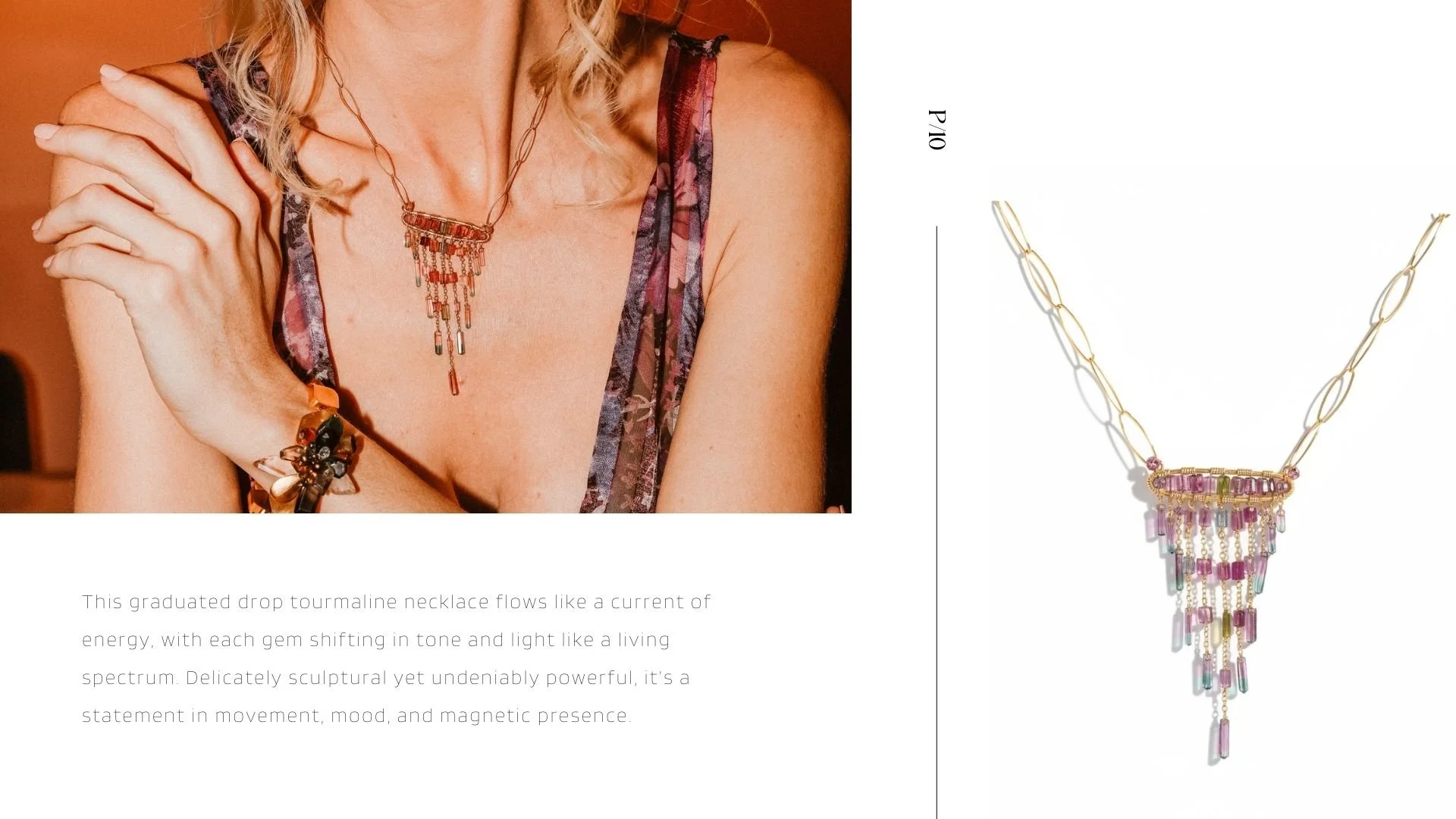 Orenda lookbook page featuring a model wearing a graduated watermelon tourmaline fringe necklace, paired with a clean studio product shot of the same gold link necklace with cascading multicolor tourmaline drops.