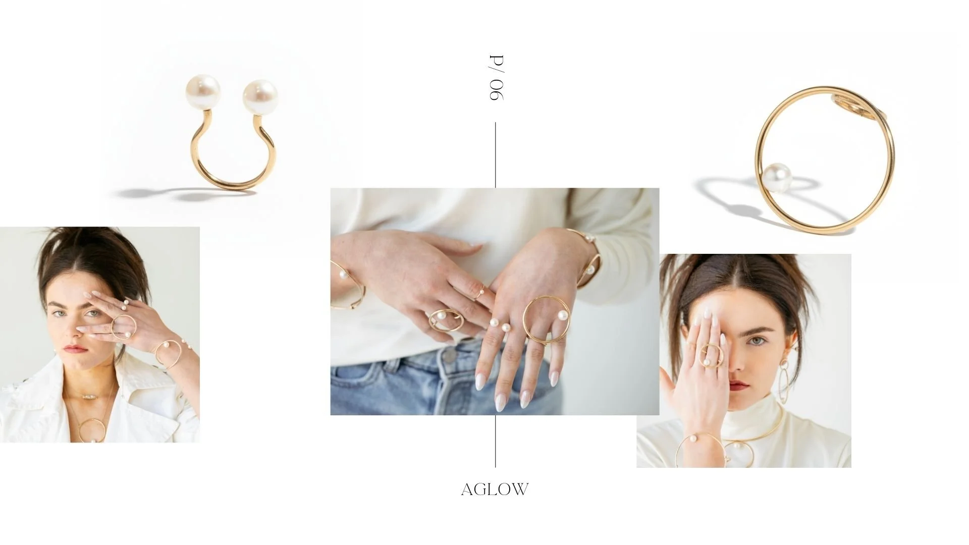 Aglow lookbook collage featuring minimalist 14k gold pearl statement rings, close-up hands wearing pearl rings and bangles, and a model styling the collection against a clean white background.