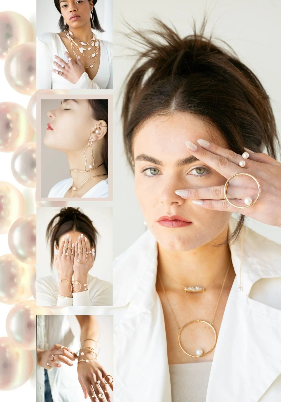 Models wearing pearl earrings, necklaces, rings and bracelets