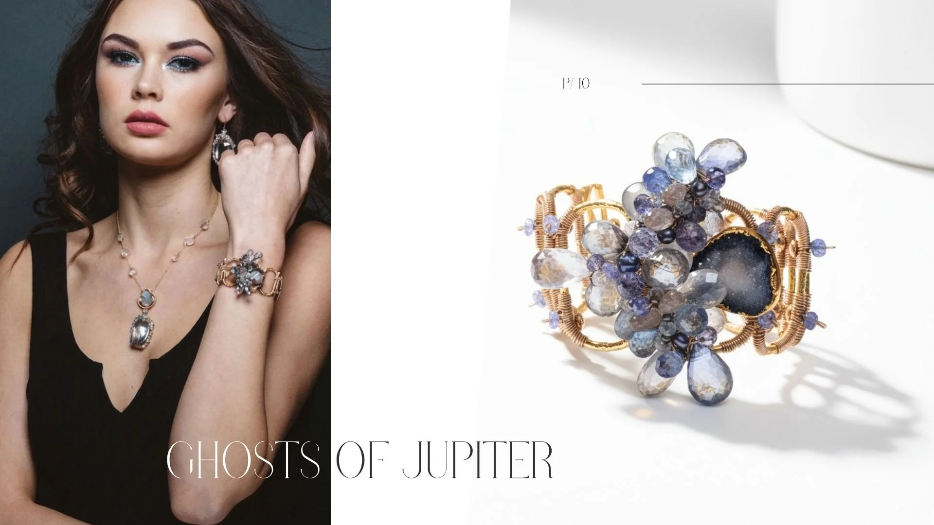 Lookbook page titled “Ghosts of Jupiter,” featuring a portrait of a model in a black dress wearing a labradorite pendant necklace and matching cuff bracelet, alongside a product photo of the same gold cuff with blue and gray gemstone clusters.
