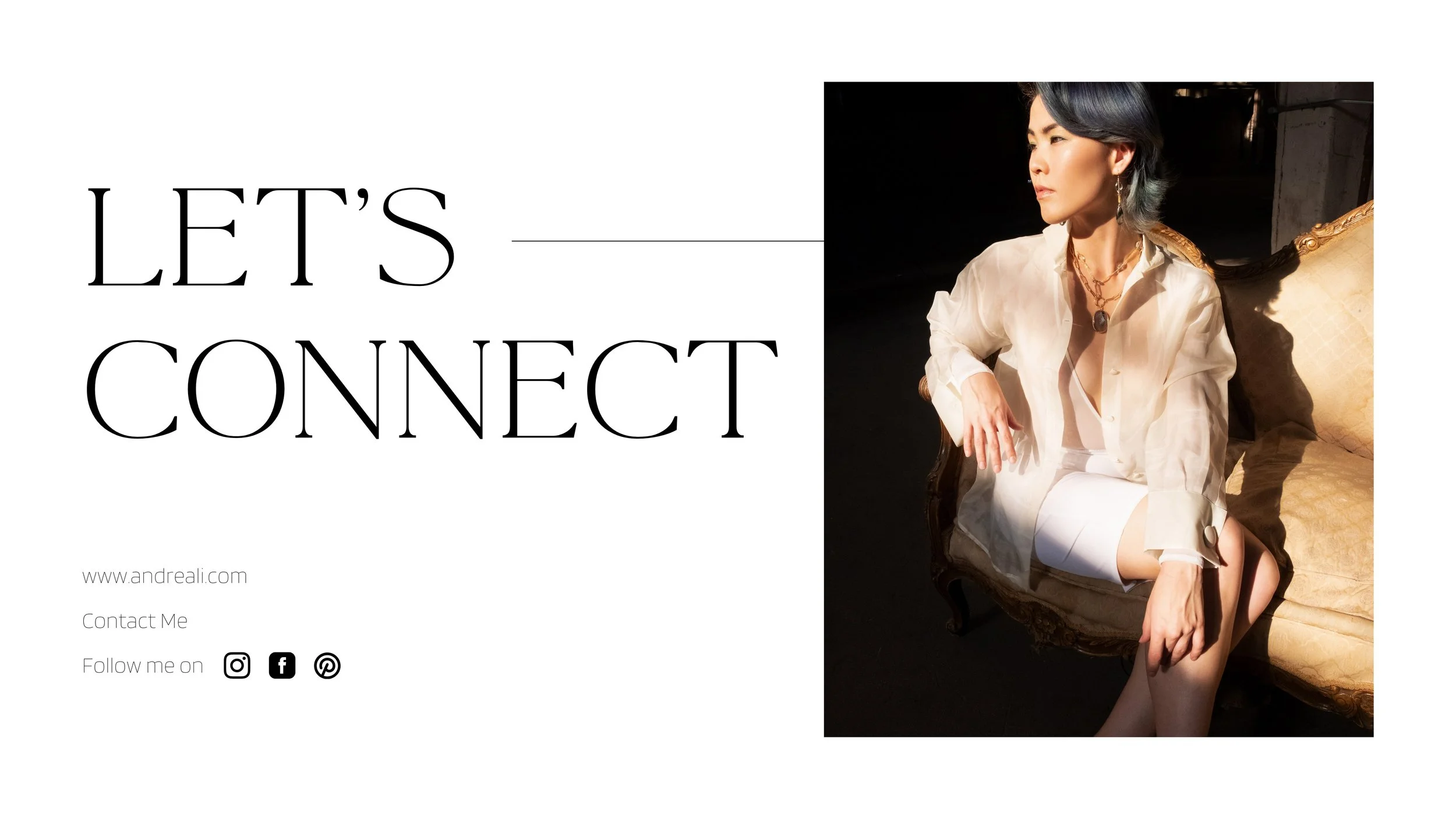 Editorial contact page with “Let’s Connect” text beside a seated model portrait on a clean light gray lookbook layout.