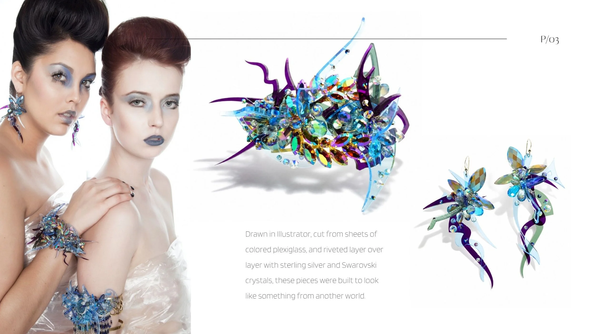 Lookbook spread featuring two models in sculptural blue jewelry beside close-ups of a crystal plexiglass cuff and matching earrings.