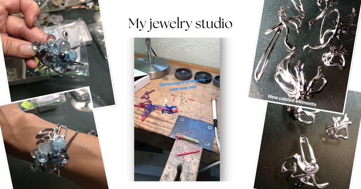 Collage of jewelry studio scenes showing aquamarine bracelet making, wax workbench setup, and newly cast silver elements in progress.