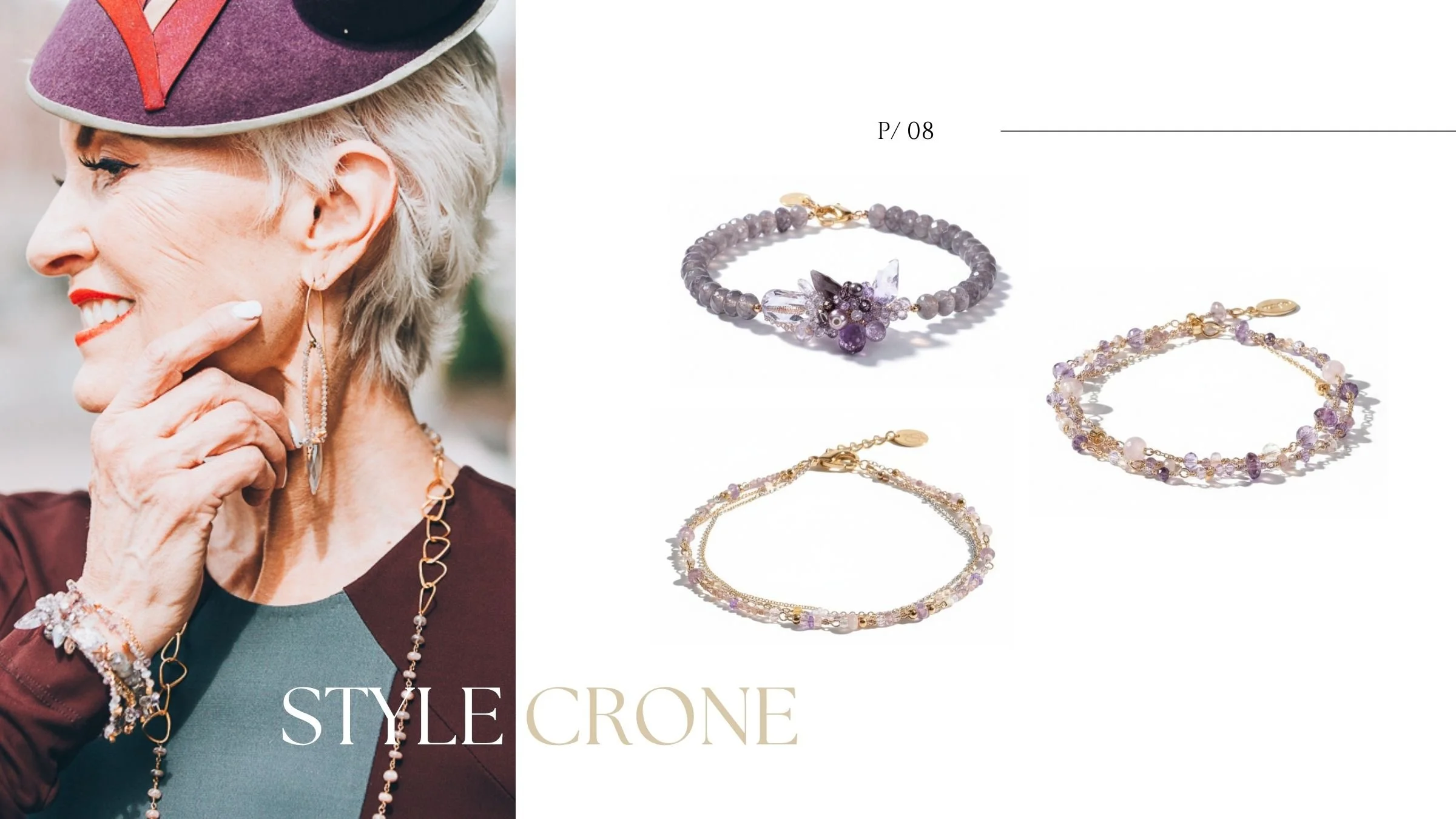 Style Crone wearing amethyst gemstone bracelets and long drop earrings by Andrea Li