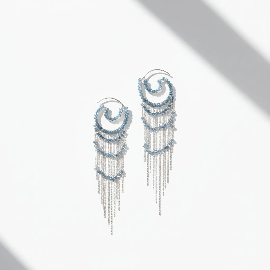 Multi Silver Chain Shoulder Dusting Statement Earrings with Zircon, by Andrea Li