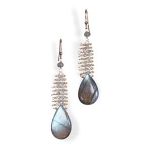 Teardrop dangle earrings with labradorite teardrops below beaded columns, by Andrea Li