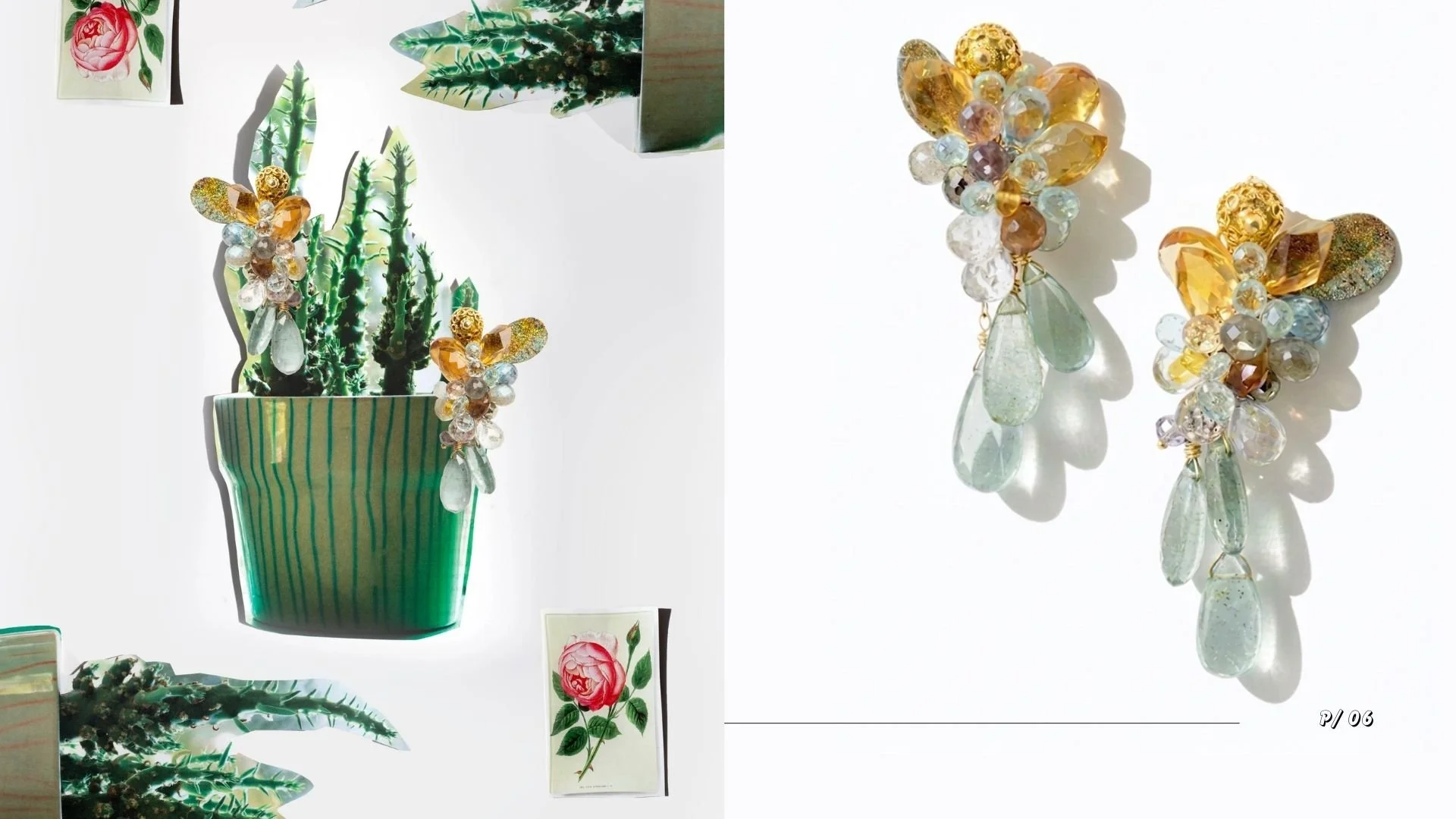 Editorial spread featuring floral-inspired gemstone earrings styled with cactus cutouts and shown in a bright product close-up.