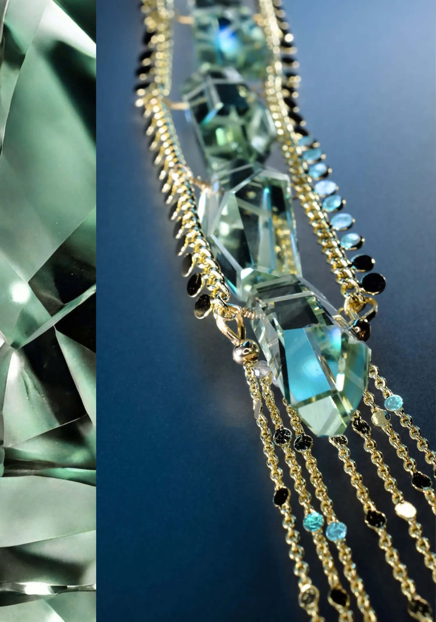 Faceted green amethyst stones strung on gold chain with dangling gold disc chains, on a deep blue ground, beside a close-up of a faceted green amethyst