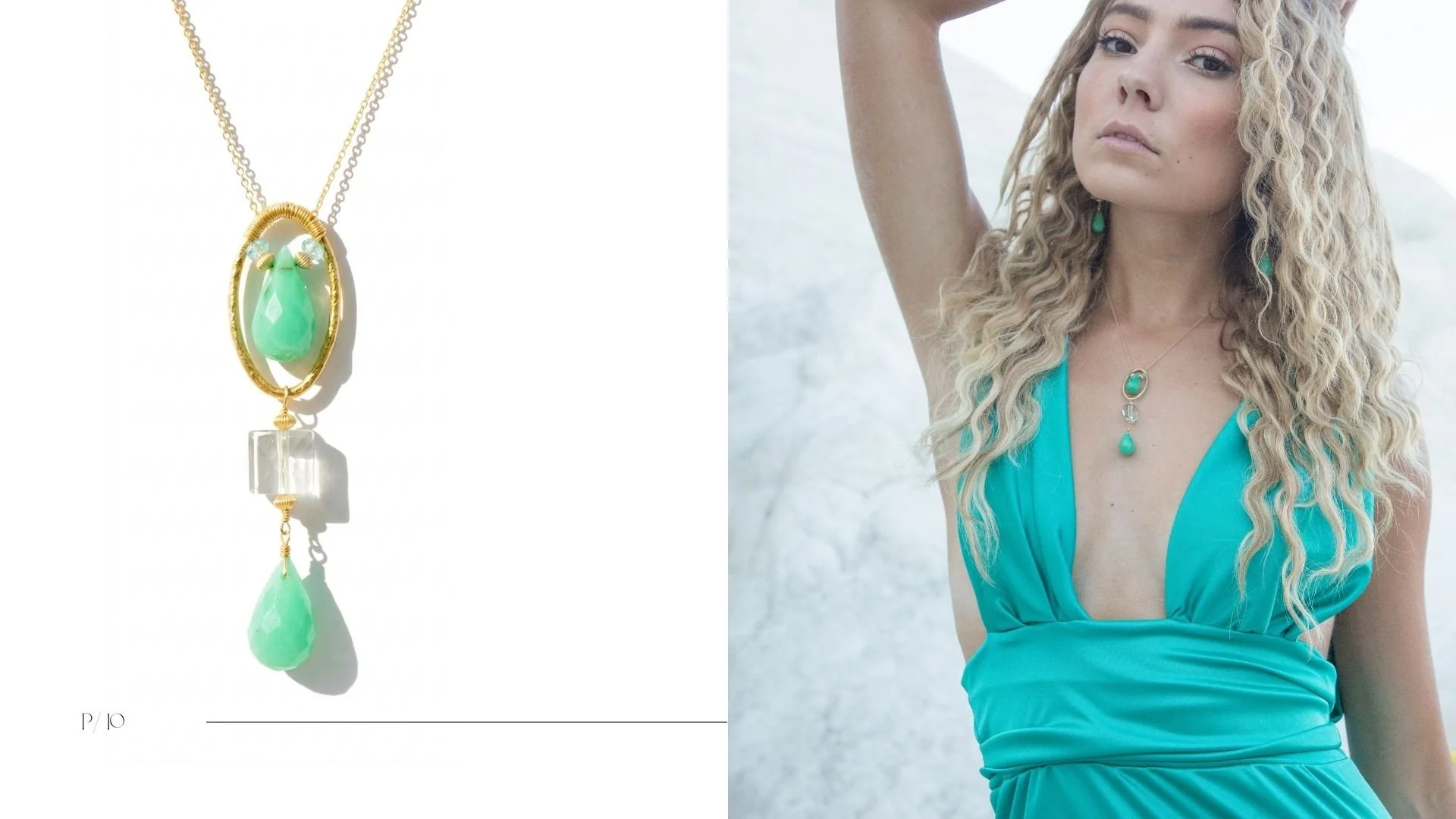 Jewelry editorial featuring a blonde model in turquoise wearing a green gemstone pendant, with a matching product close-up beside her.