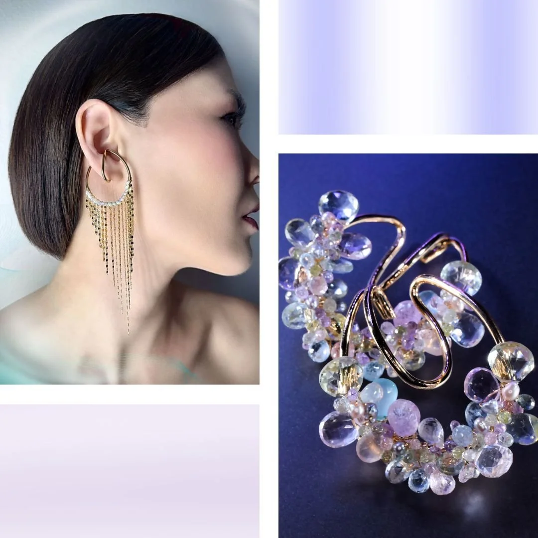 model wearing an opal ear cuff with gold chains