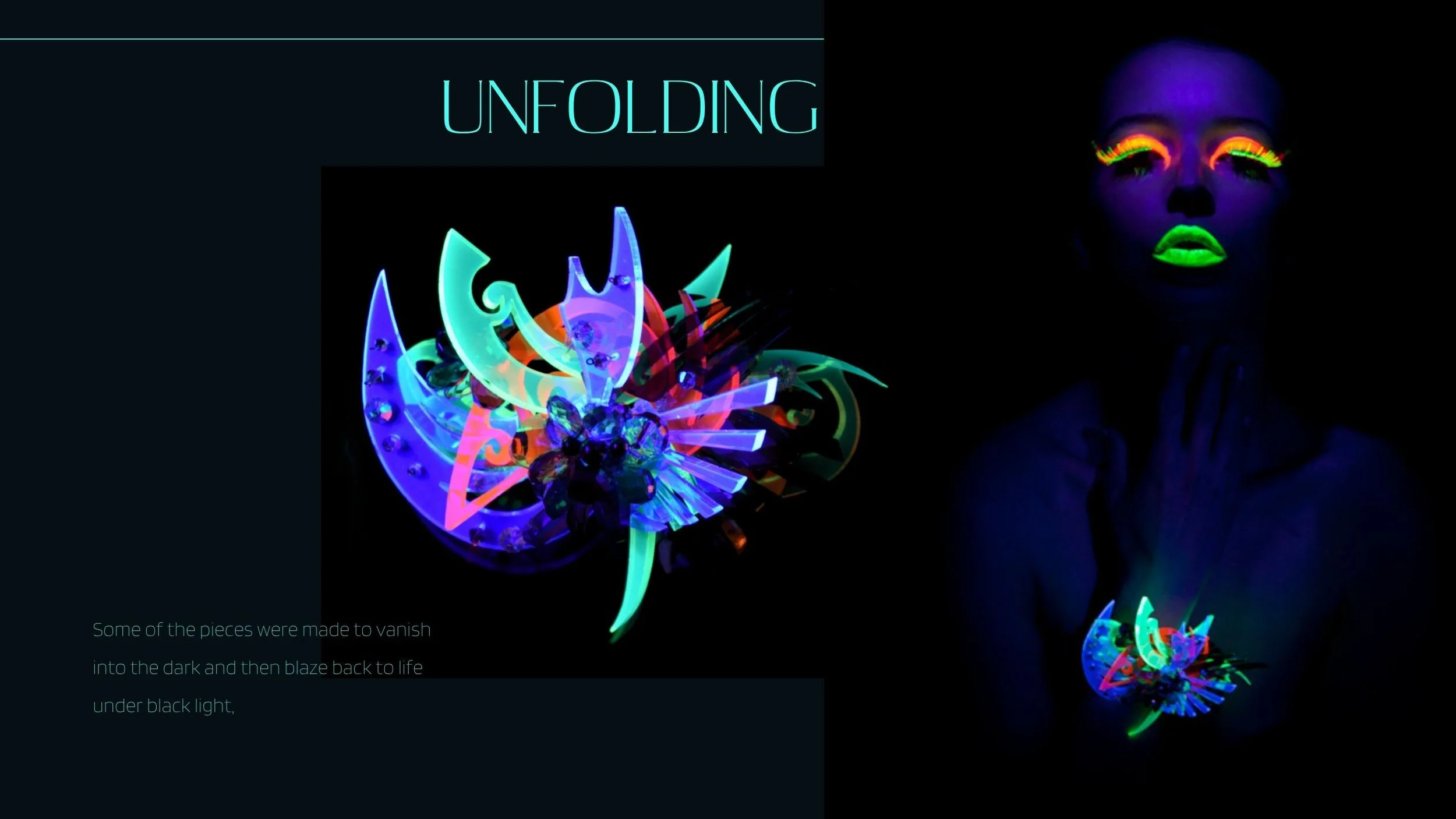 Black-light fashion spread featuring a model with neon makeup wearing a glowing sculptural cuff beside a fluorescent jewelry close-up.