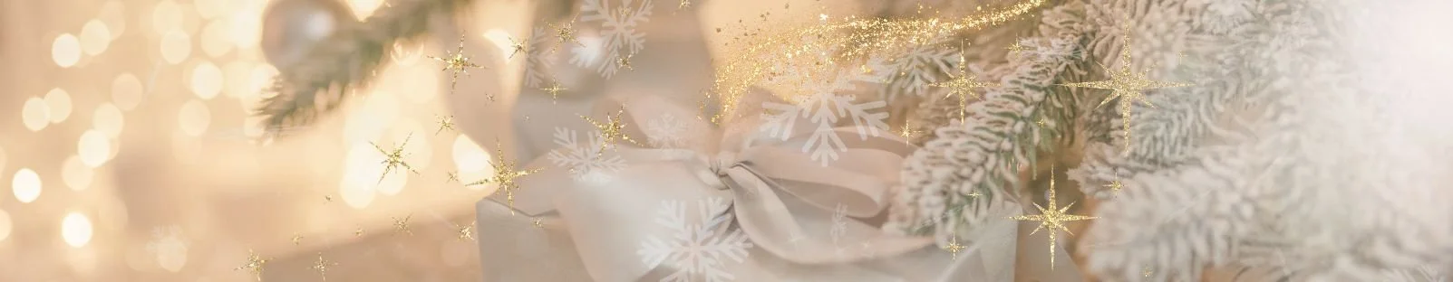 Warm holiday banner with wrapped gift, frosted evergreen branches, soft bokeh lights, and gold sparkles on a creamy neutral background.