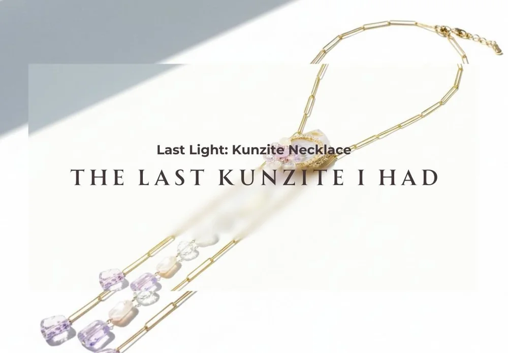 Last Light kunzite necklace with a gold paperclip chain, pale purple gemstones, pearls, and editorial text on a white background.