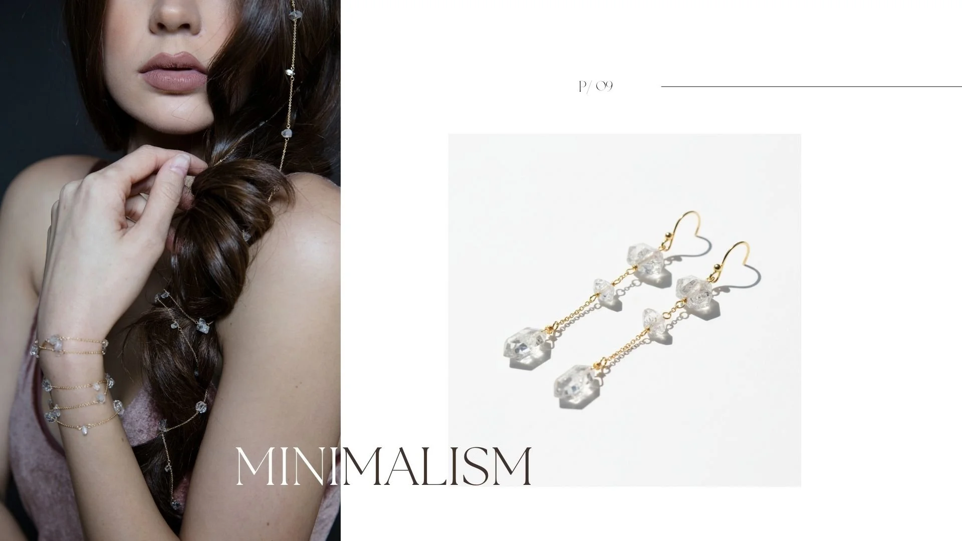 Minimalism lookbook page (P/09) showing a model wearing delicate Herkimer diamond chain jewelry, alongside a product photo of gold Herkimer diamond drop earrings on a white background.