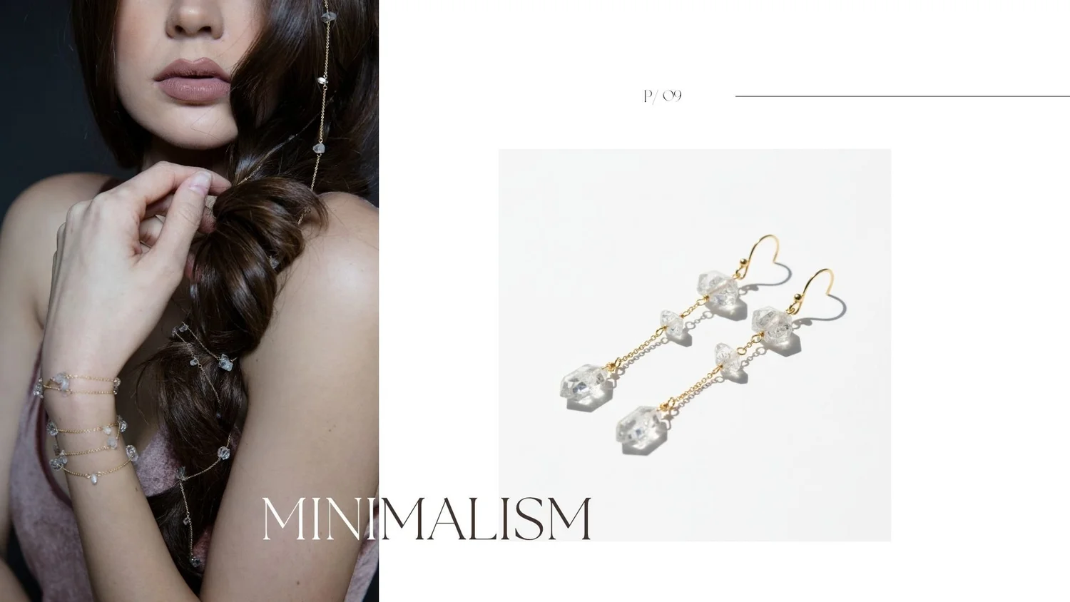 Minimalism lookbook page (P/09) showing a model wearing delicate Herkimer diamond chain jewelry, alongside a product photo of gold Herkimer diamond drop earrings on a white background.