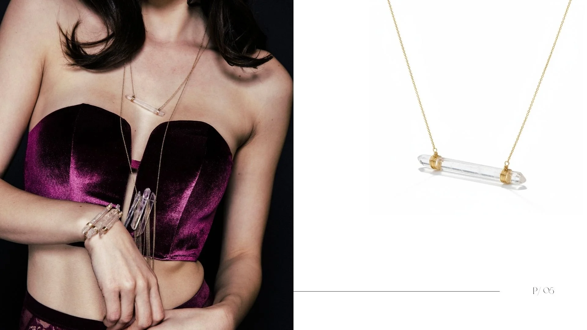 Lookbook page (P/05) showing a model in a deep plum strapless top wearing layered crystal point necklaces and a crystal cuff bracelet, alongside a product photo of a gold chain necklace with a horizontal clear crystal point pendant.