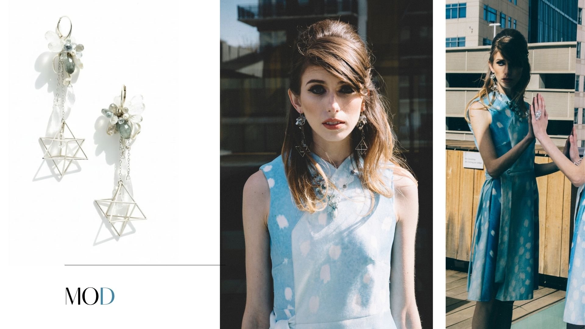 Mod editorial collage with a model in a pale blue dress and geometric silver earrings, plus product close-up on white.