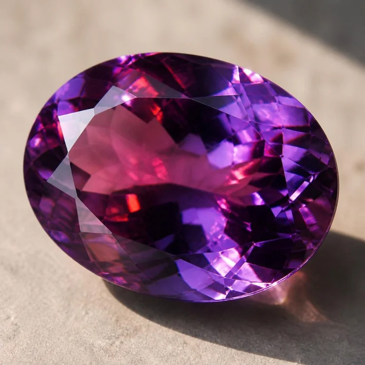 Illustration of a faceted Siberian amethyst, deep purple with red flashes