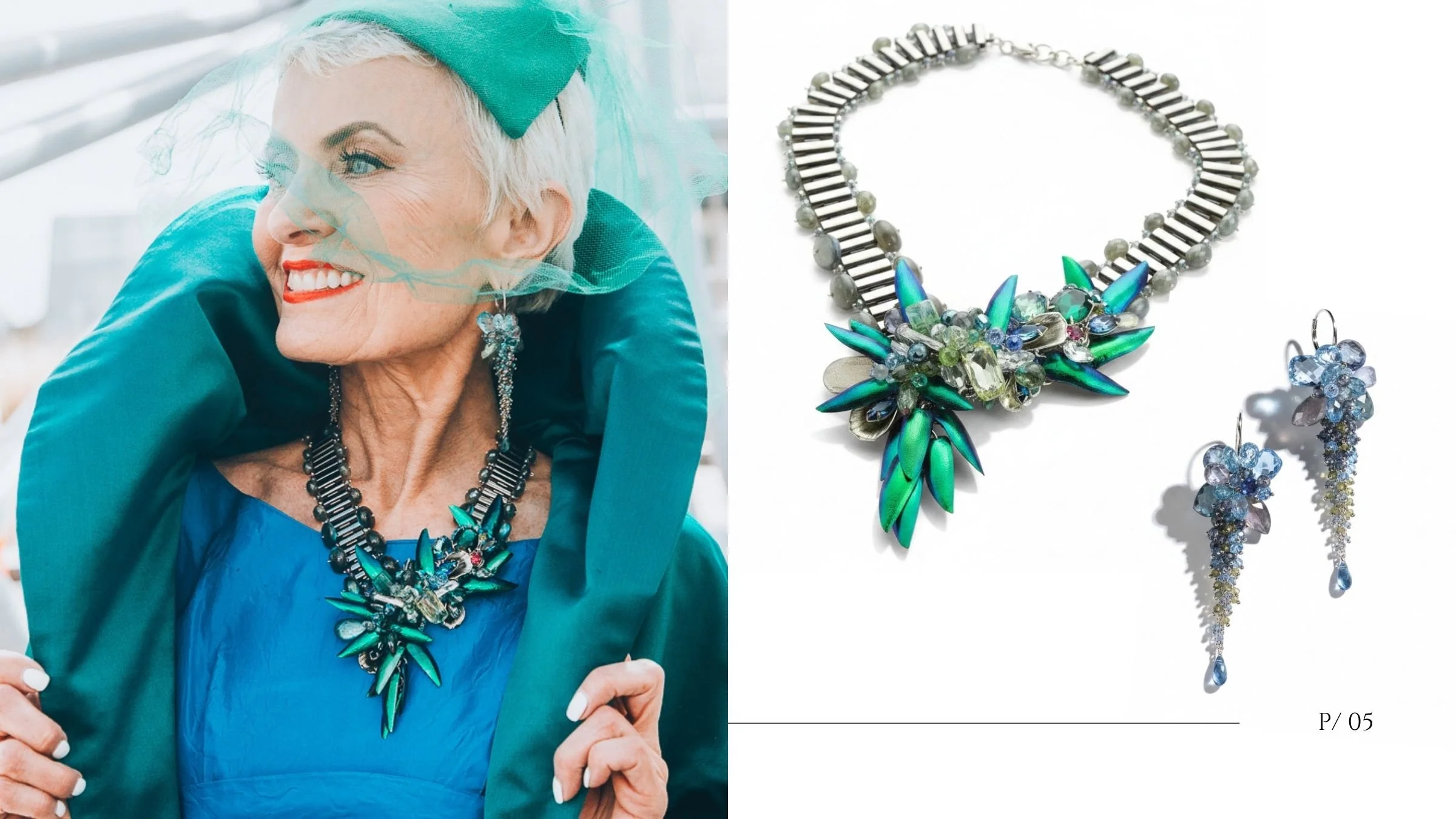 Style Crone in a green and blue gemstone statement necklace and matching earrings by Andrea Li
