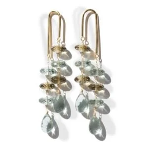 Geometric dangle earrings: a gold U-shaped hook with tiers of green and smoky gemstones, by Andrea Li