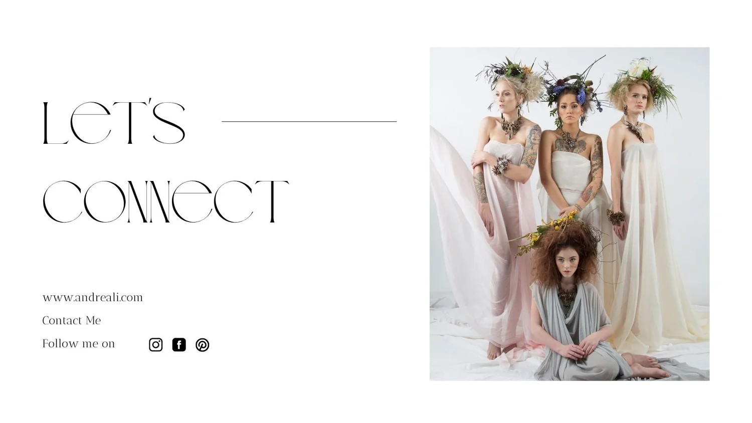 Contact page graphic with the headline “Let’s Connect,” featuring website and social media details alongside a group portrait of four models wearing avant-garde botanical headpieces and statement jewelry.