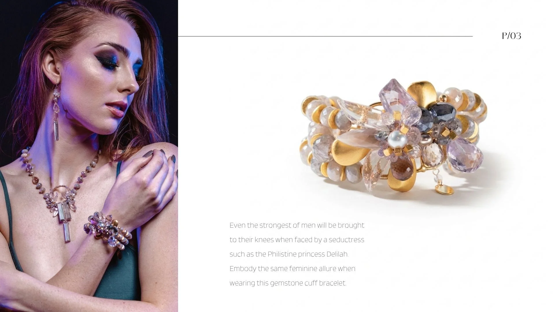 Lookbook page featuring a moody portrait of a woman wearing a gemstone pendant necklace, bracelet, and long drop earrings alongside a product photo of a layered gemstone cuff bracelet in soft lavender, gray, and gold tones.