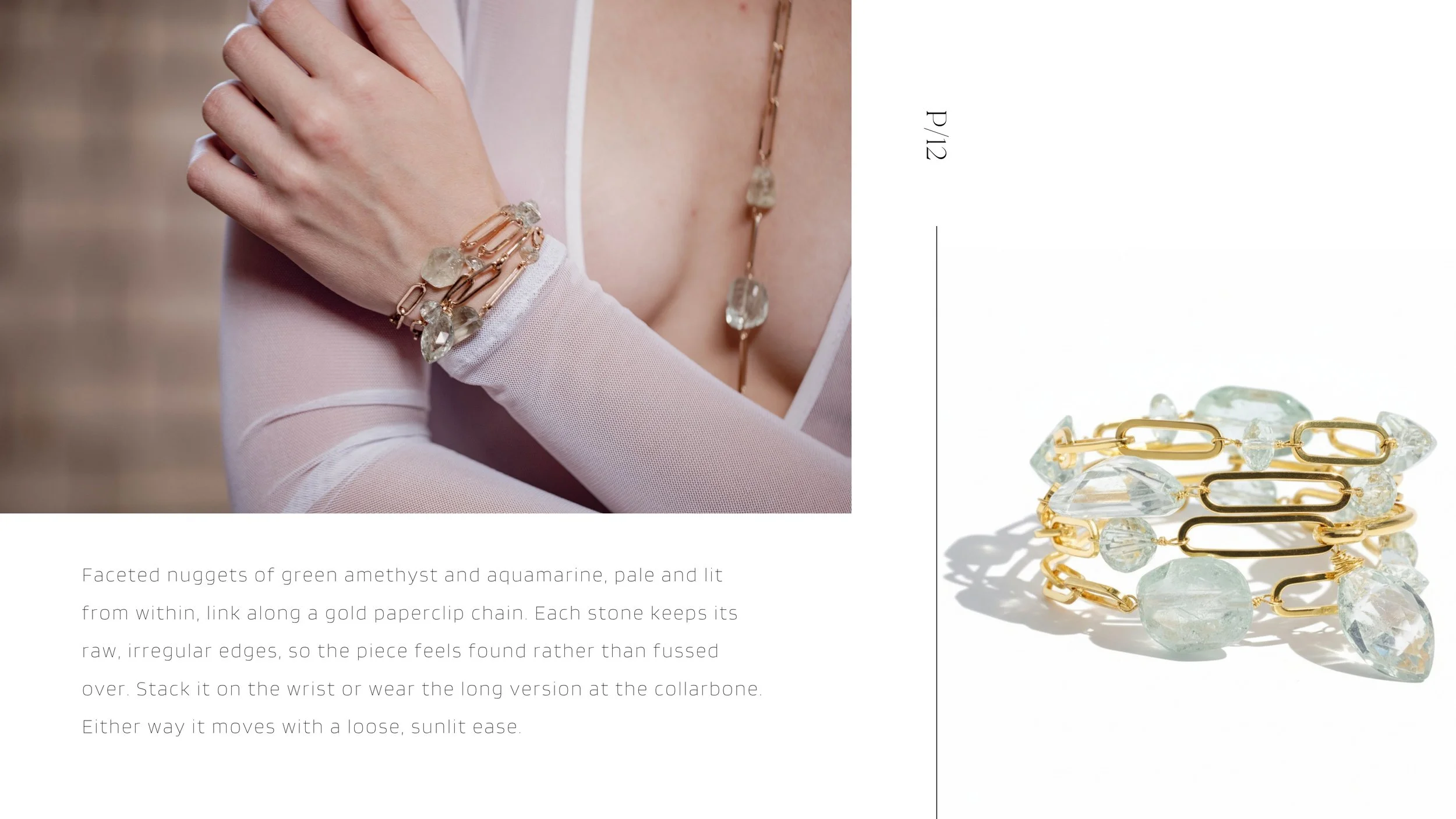 Editorial spread featuring a model wearing a gold bracelet and necklace beside product photography on a clean minimalist layout.